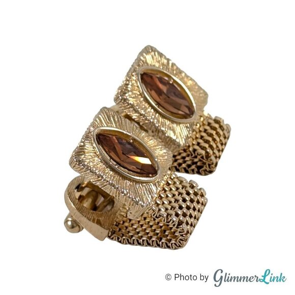 VTG Geometric Square Marquise Topaz Glass Wrap Around Mesh Gold Tone Cufflinks - Picture 2 of 8
